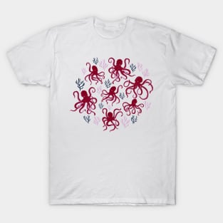 Freckled Octopus and Coral in Red, Mauve and Black T-Shirt